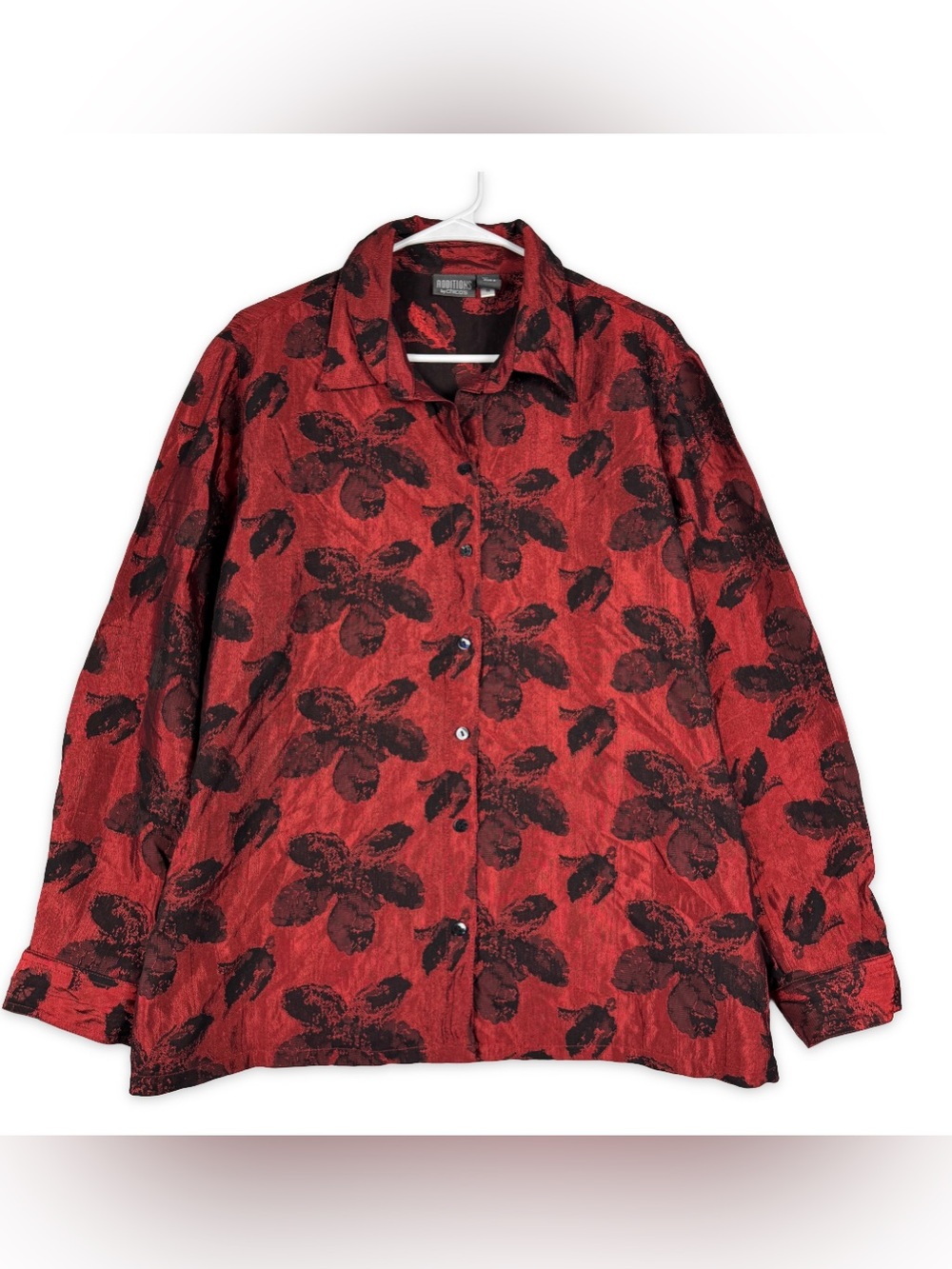 Chicos Size 3 Button Down Blouse Womens XL/16 Red Black Floral Collared
